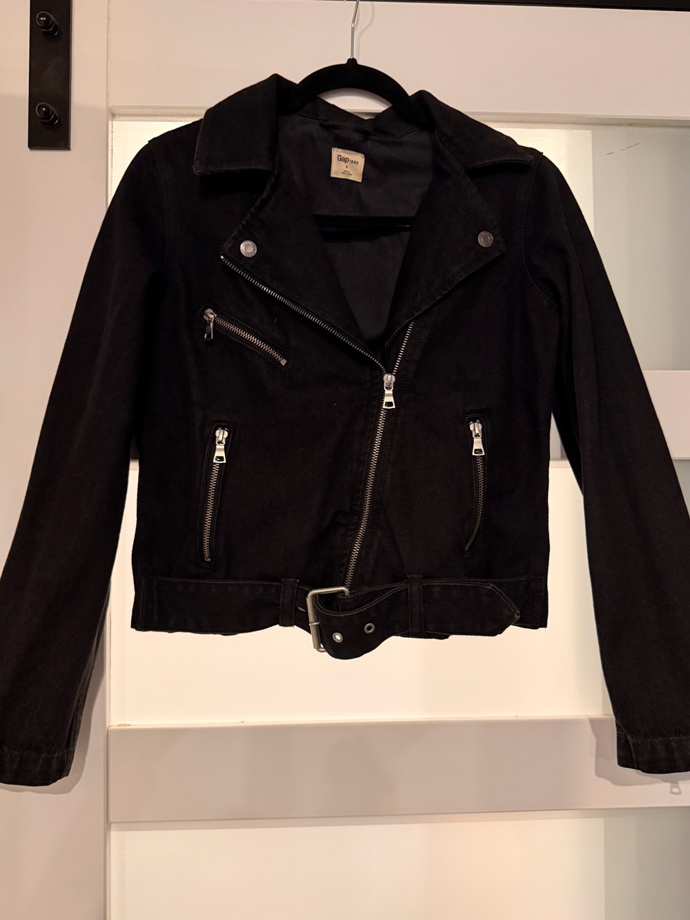 GAP Black Jean Moto Jacket with Belted Waist and Zippers